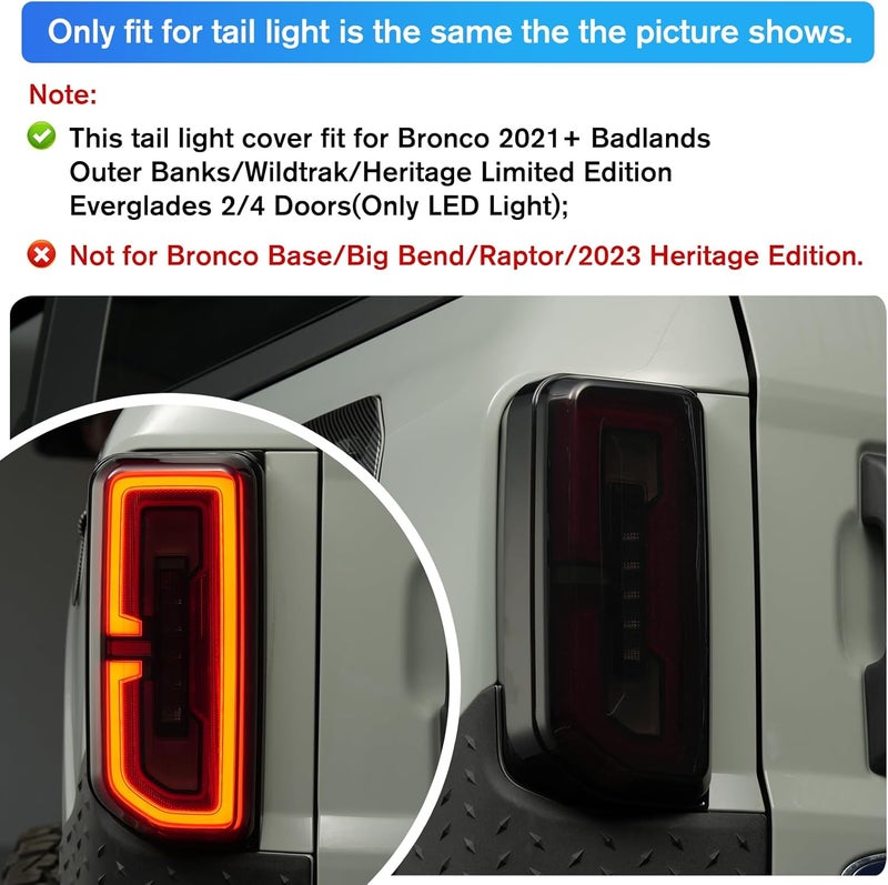 LitMiRaCle Tail Light Covers & 3rd Brake Light Cover for Bronco 2021+ Badlands/Outer Banks/Wildtrak/Heritage Limited/Everglades 2/4 Doors(Only LED Light), Not for Base/Big Bend/Black Diamond/Raptor - Image 2